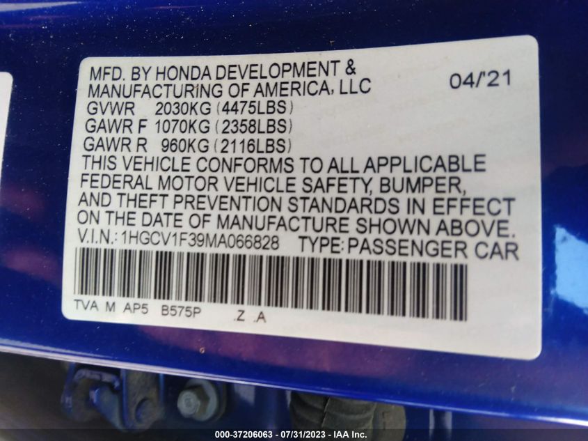 2021 HONDA ACCORD SEDAN SPORT - 1HGCV1F39MA066828