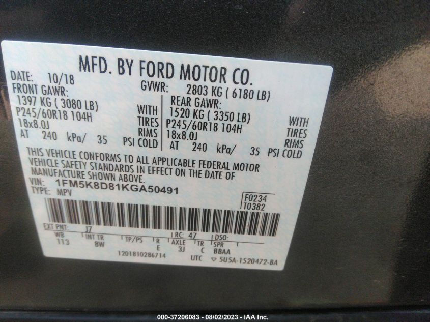 2019 FORD EXPLORER XLT - 1FM5K8D81KGA50491