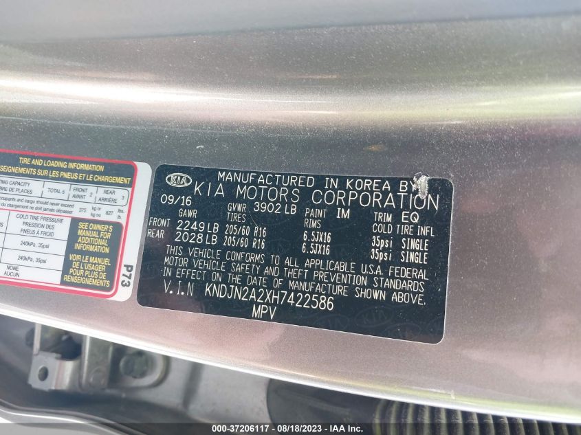 2017 KIA SOUL BASE - KNDJN2A2XH7422586