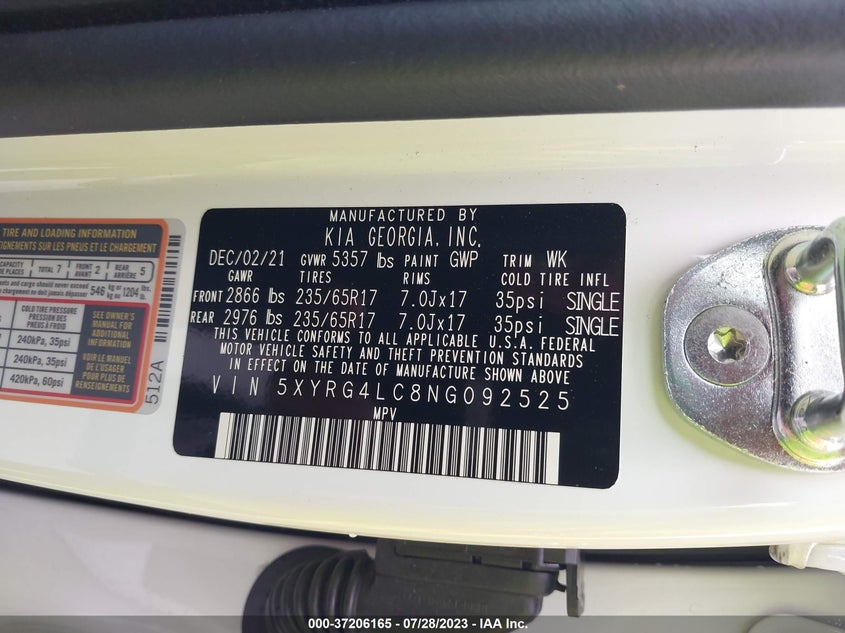 VIN 5XYRG4LC8NG092525 2022 KIA SORENTO LX