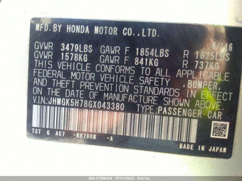 2016 HONDA FIT EX/EXL - JHMGK5H78GX043380