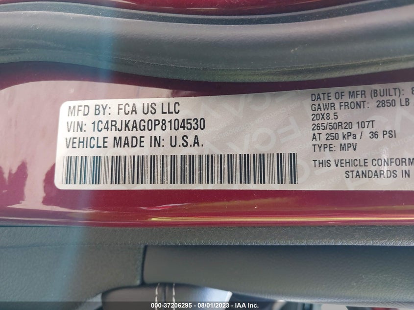 VIN 1C4RJKAG0P8104530 2023 JEEP GRAND CHEROKEE L ALTITUDE