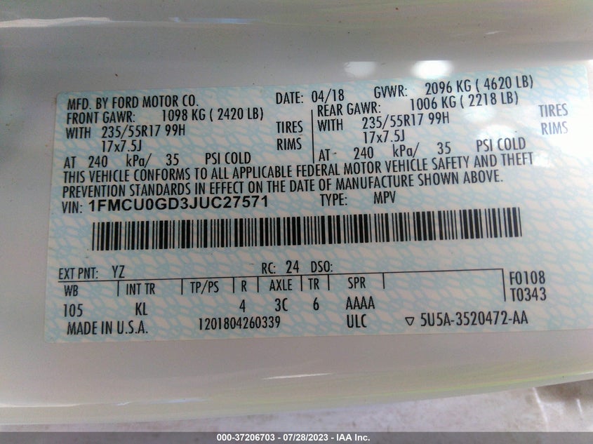 VIN 1FMCU0GD3JUC27571 2018 FORD ESCAPE SE