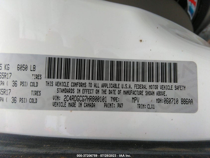 VIN 2C4RDGCG7HR800101 2017 DODGE GRAND CARAVAN SXT