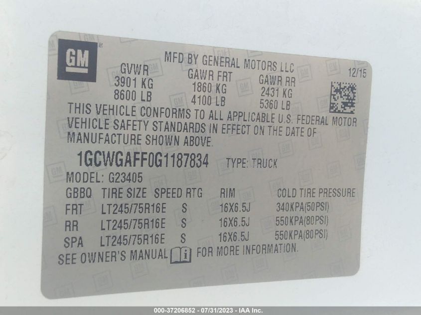2016 CHEVROLET EXPRESS CARGO VAN - 1GCWGAFF0G1187834