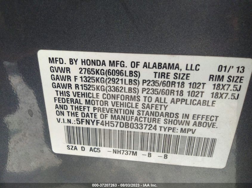 2013 HONDA PILOT EXL - 5FNYF4H57DB033724