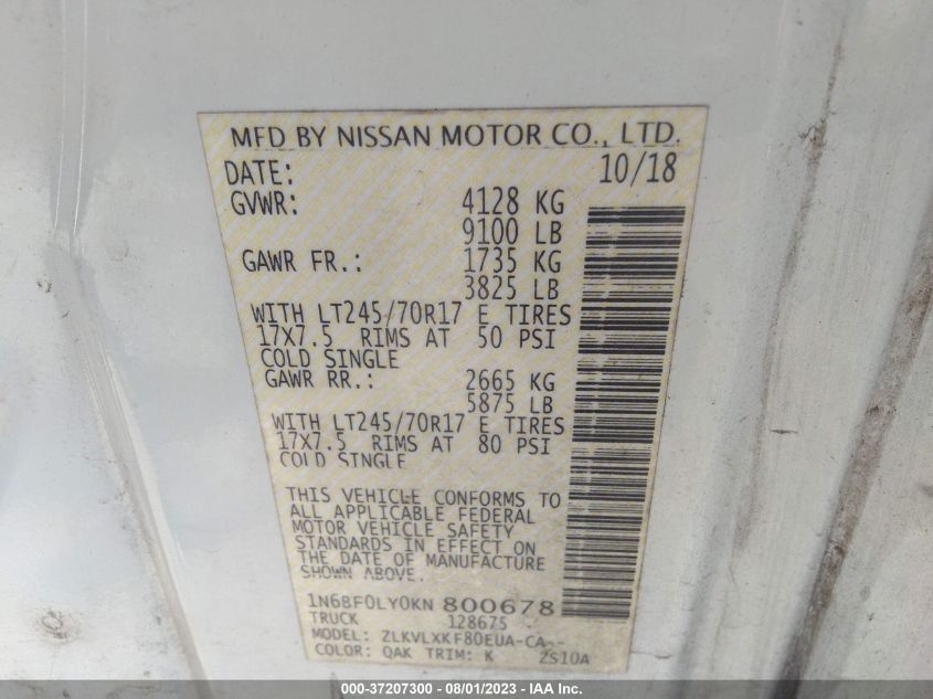 2019 NISSAN NV 2500 S/2500 SV/2500 SL 1N6BF0LY0KN800678