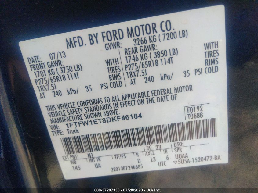 2013 FORD F-150 XL/XLT/FX4/LARIAT - 1FTFW1ET8DKF46184