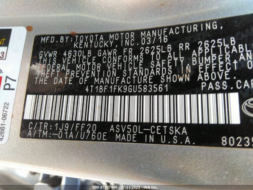 2016 TOYOTA CAMRY LE/XLE/SE/XSE - 4T1BF1FK9GU583561