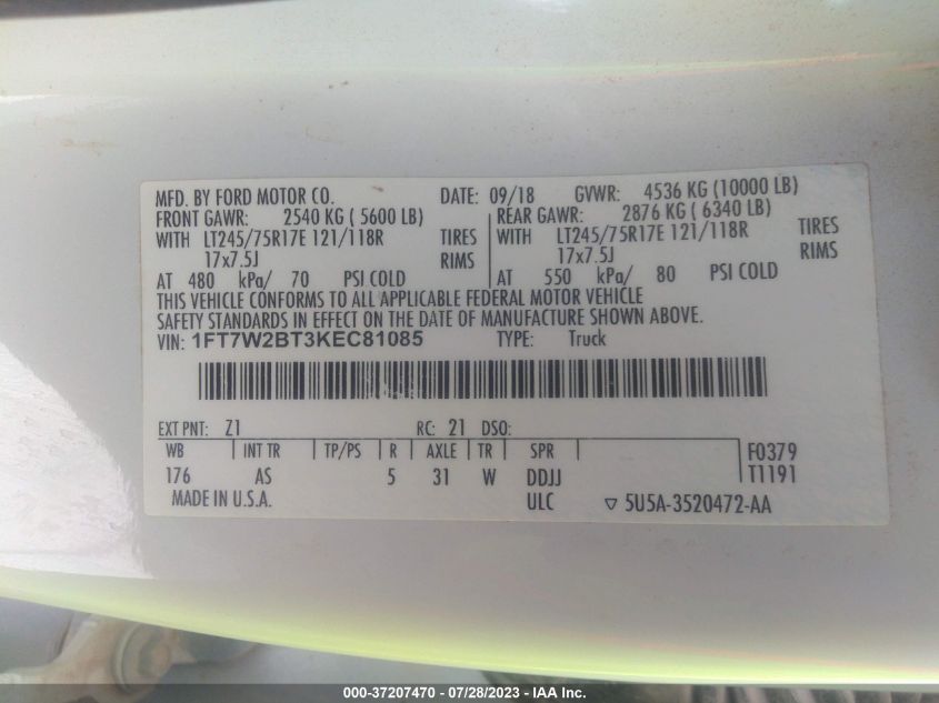 2019 FORD SUPER DUTY F-250 SRW XL/XLT/LARIAT - 1FT7W2BT3KEC81085