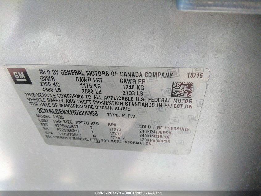 2017 CHEVROLET EQUINOX LT - 2GNALCEKXH6220358