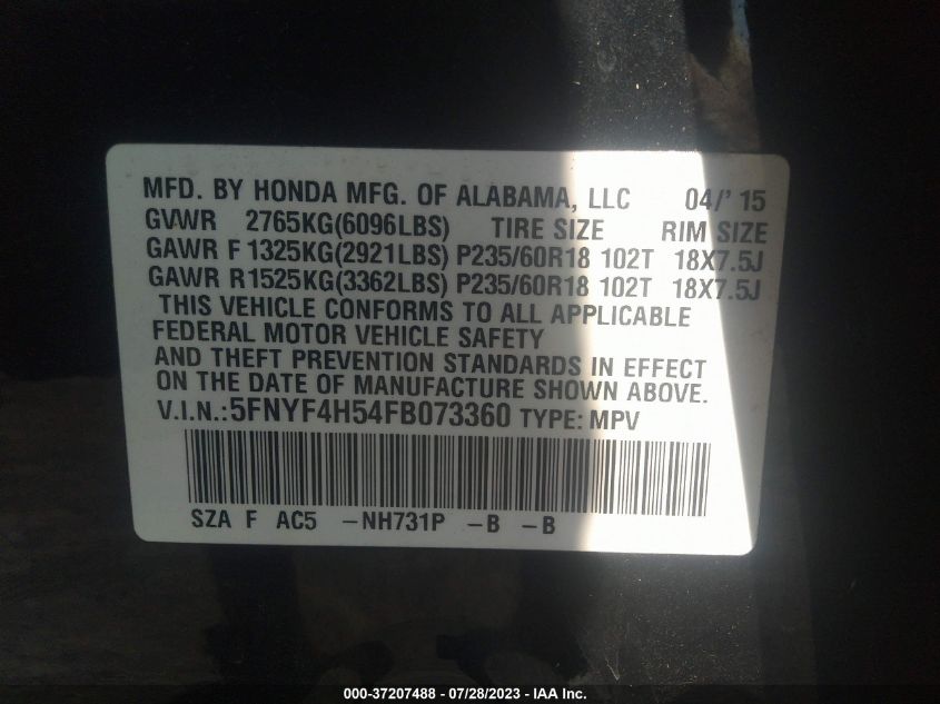 2015 HONDA PILOT EX-L - 5FNYF4H54FB073360