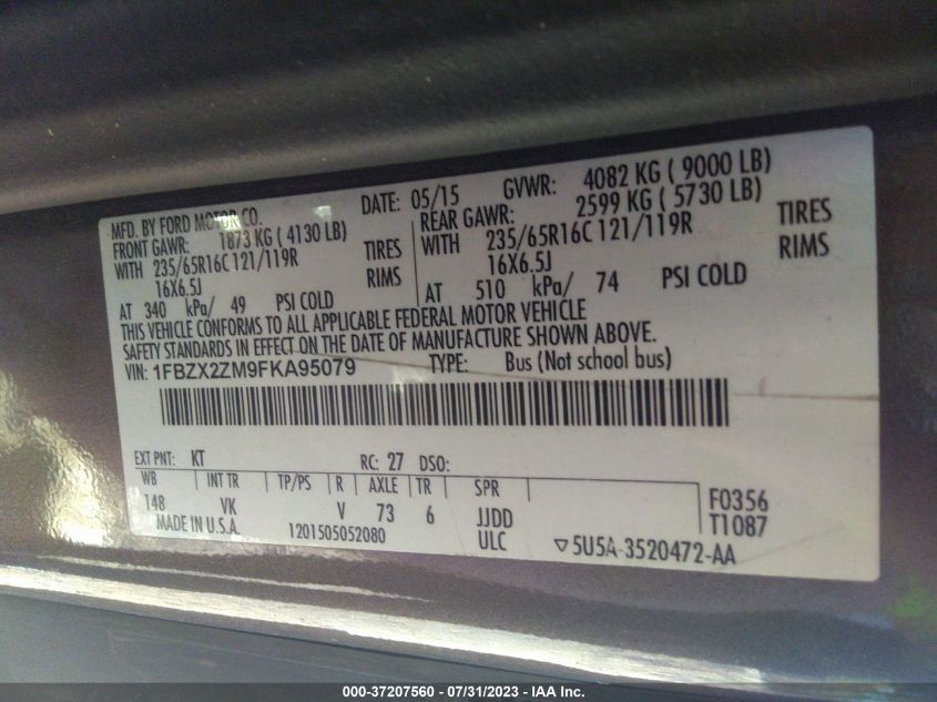 2015 FORD TRANSIT WAGON XL/XLT - 1FBZX2ZM9FKA95079