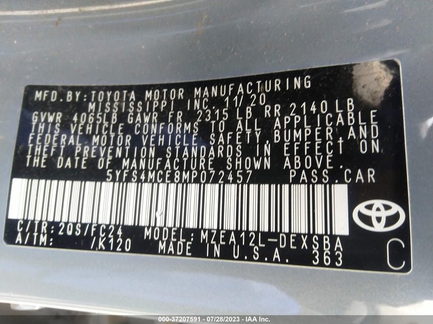 VIN 5YFS4MCE8MP072457 2021 TOYOTA COROLLA SE/NIGHTSHADE/APEX SE