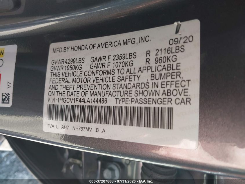 2020 HONDA ACCORD SEDAN EX - 1HGCV1F44LA144486