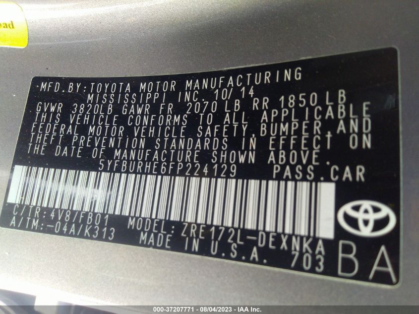 2015 TOYOTA COROLLA L/LE/S/S PLUS/LE PLUS - 5YFBURHE6FP224129
