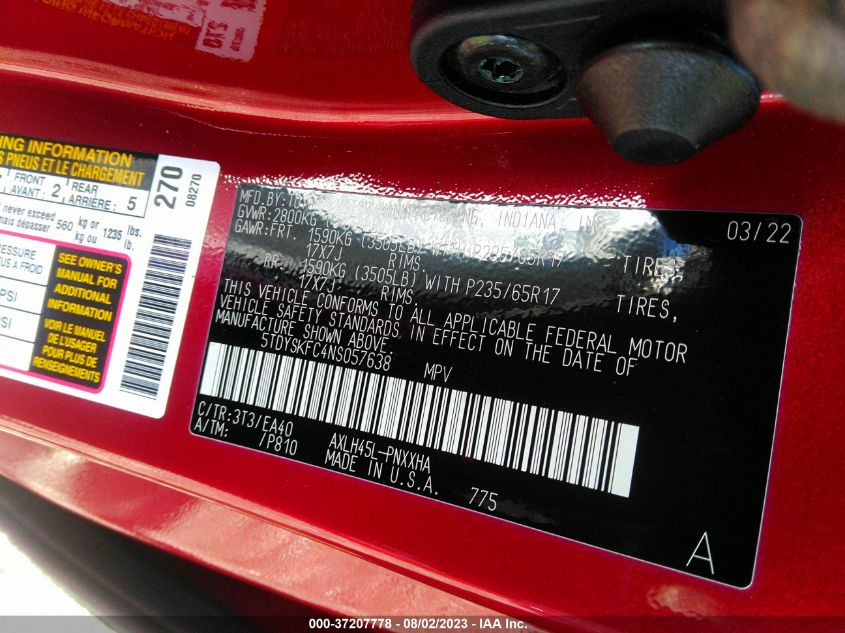 2022 TOYOTA SIENNA XLE - 5TDYSKFC4NS057638