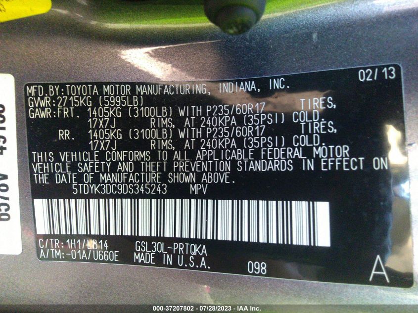 2013 TOYOTA SIENNA XLE/LIMITED - 5TDYK3DC9DS345243