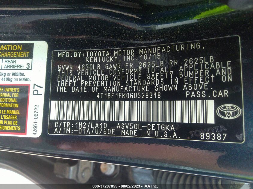2016 TOYOTA CAMRY XLE/SE/LE/XSE - 4T1BF1FK0GU528318