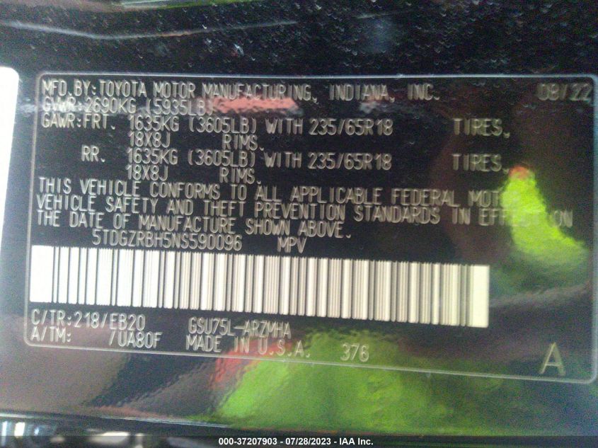 2022 TOYOTA HIGHLANDER XLE - 5TDGZRBH5NS590096