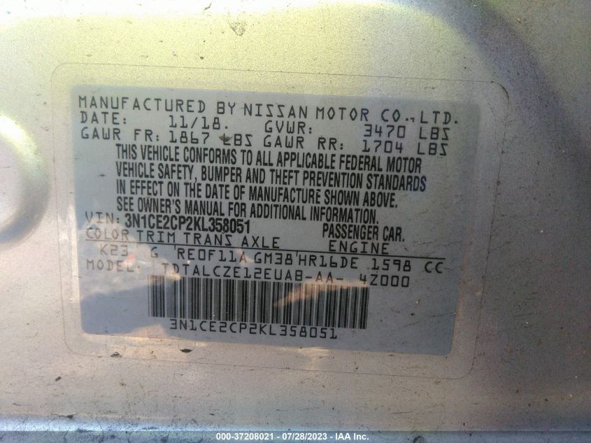 2019 NISSAN VERSA NOTE S - 3N1CE2CP2KL358051