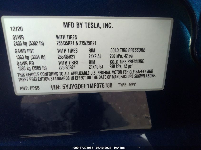 2021 TESLA MODEL Y PERFORMANCE - 5YJYGDEF1MF076188
