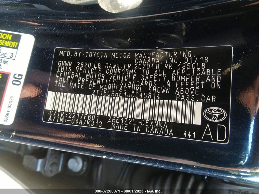 2018 TOYOTA COROLLA L/LE/XLE/SE/XSE - 2T1BURHE1JC045814