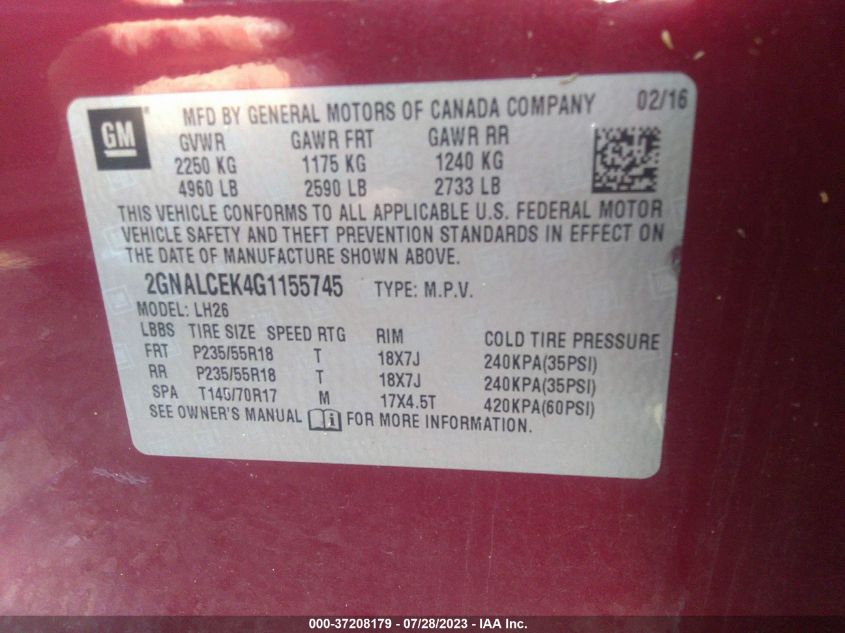 2016 CHEVROLET EQUINOX LT - 2GNALCEK4G1155745