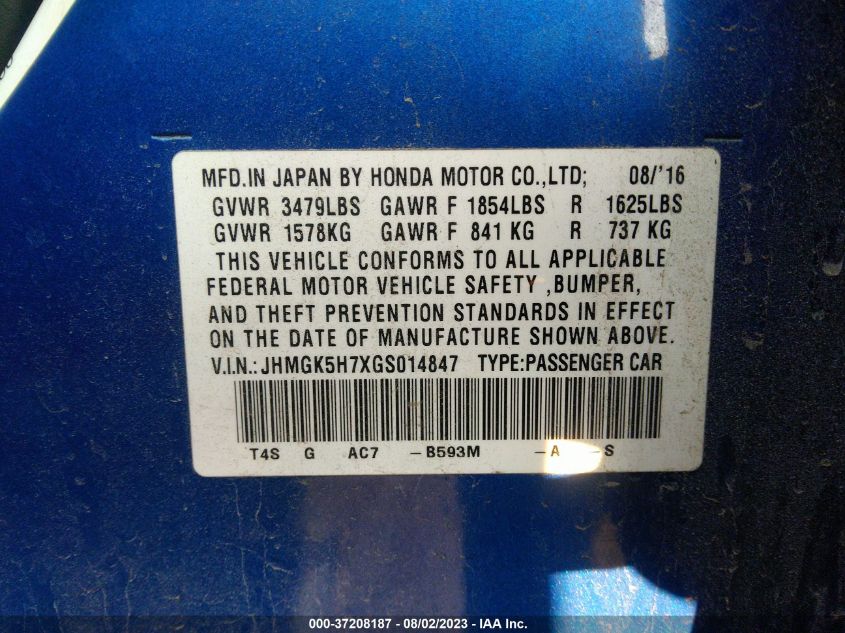 2016 HONDA FIT EX - JHMGK5H7XGS014847