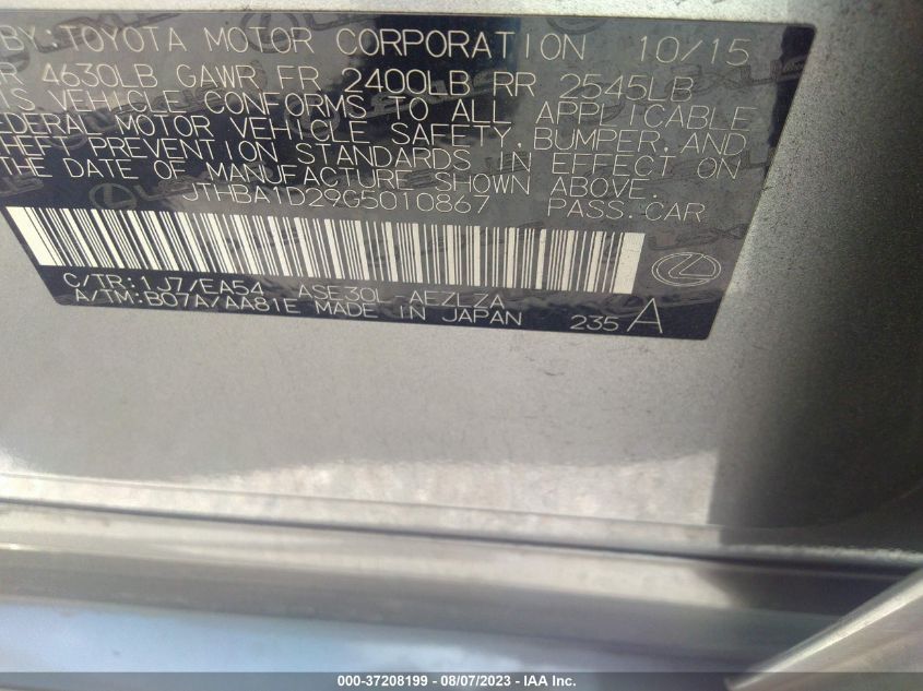 2016 LEXUS IS 200T - JTHBA1D29G5010867