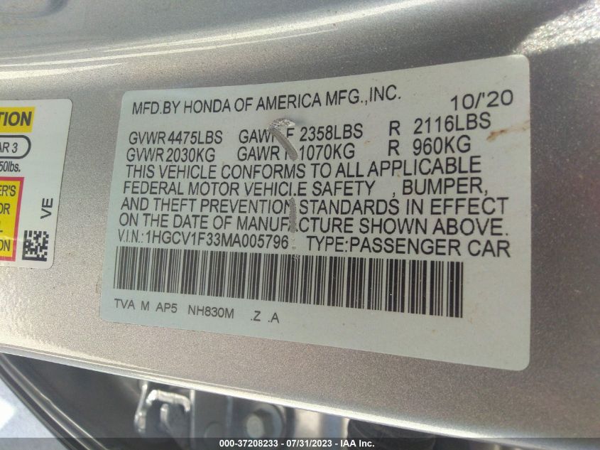 2021 HONDA ACCORD SEDAN SPORT - 1HGCV1F33MA005796