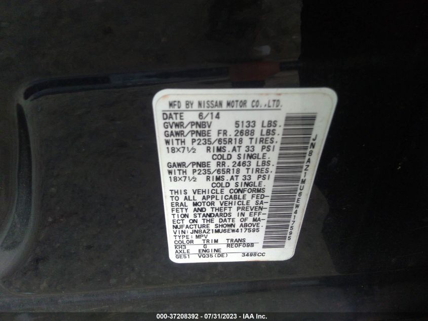 2014 NISSAN MURANO S/SL/SV/LE - JN8AZ1MU6EW417595