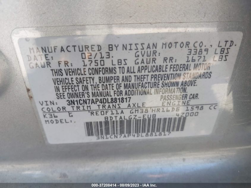 2013 NISSAN VERSA SL - 3N1CN7AP4DL881817