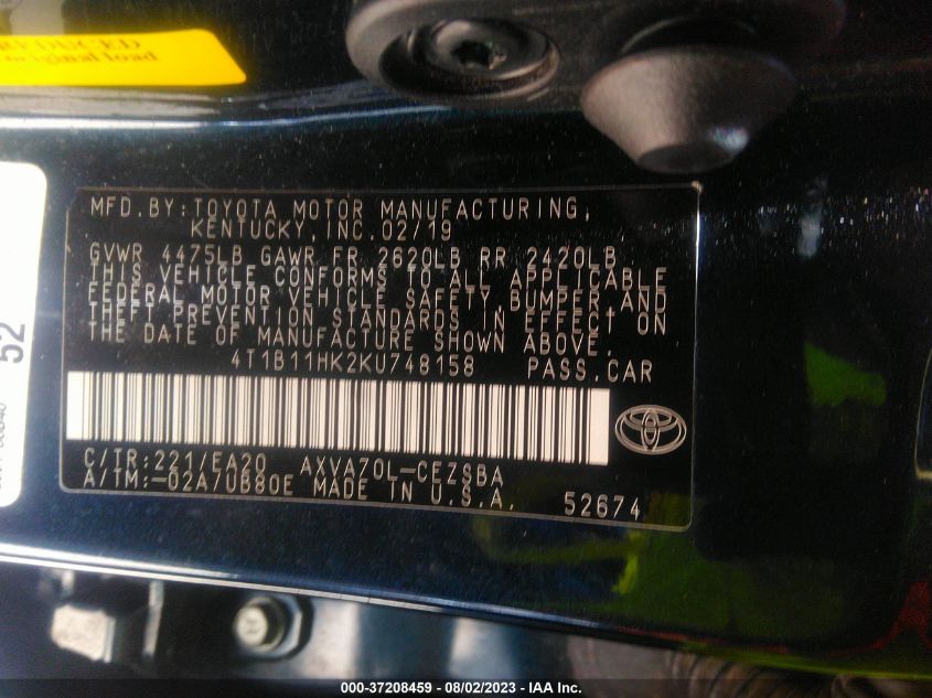 4T1B11HK2KU748158 Toyota Camry LE/SE/XLE/L 9