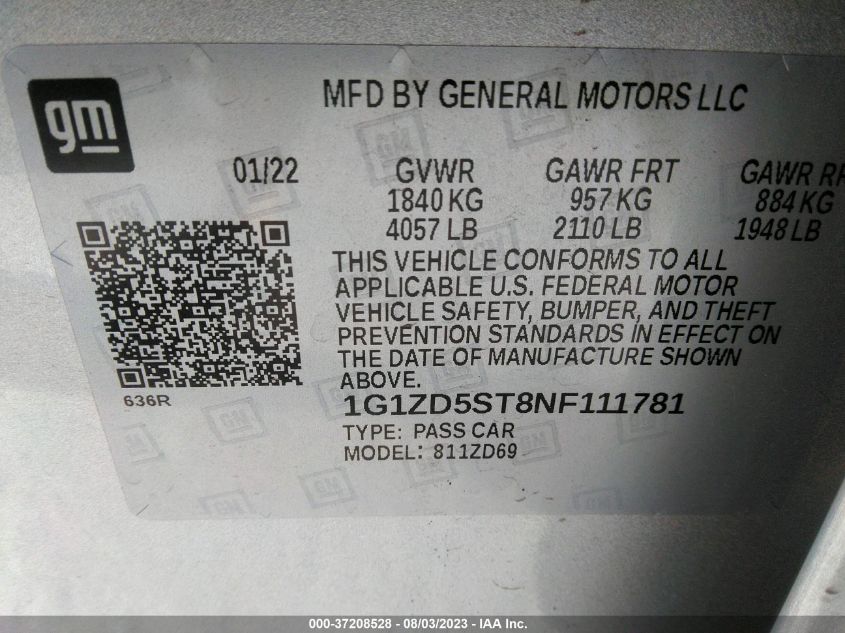2022 CHEVROLET MALIBU LT - 1G1ZD5ST8NF111781