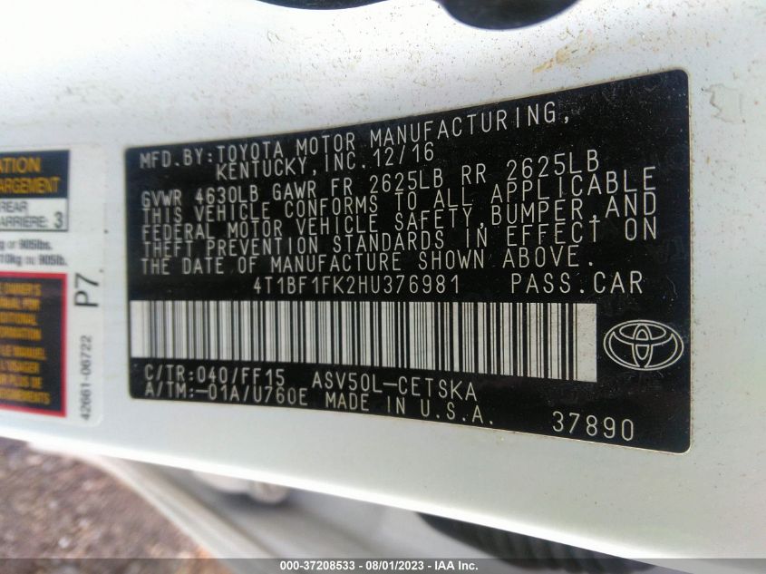 2017 TOYOTA CAMRY XLE/SE/LE/XSE - 4T1BF1FK2HU376981