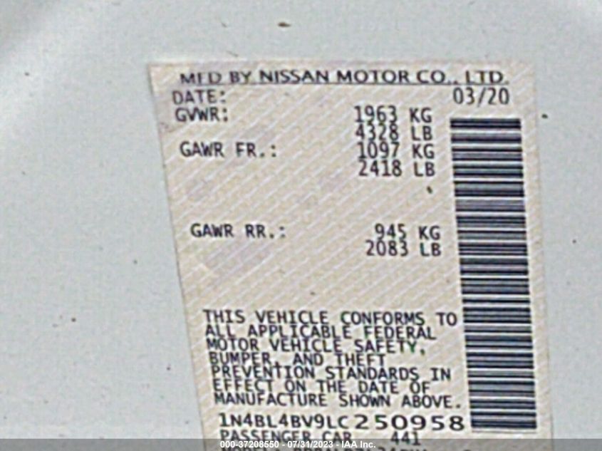 VIN 1N4BL4BV9LC250958 2020 NISSAN ALTIMA 2.5 S