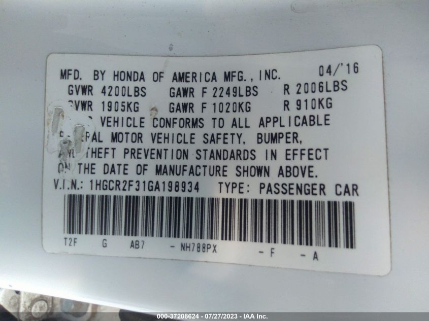 2016 HONDA ACCORD SEDAN LX - 1HGCR2F31GA198934