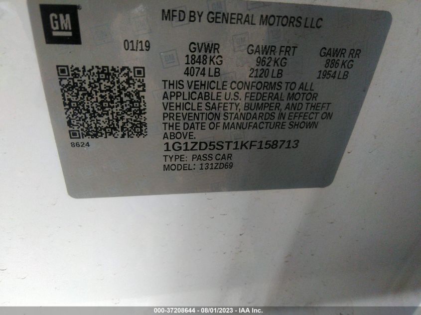 2019 CHEVROLET MALIBU LT - 1G1ZD5ST1KF158713