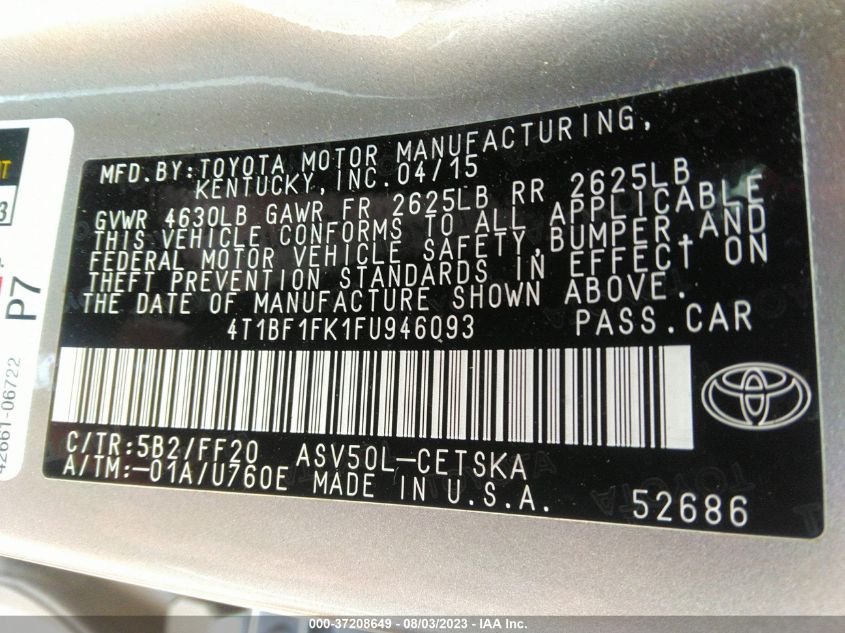 2015 TOYOTA CAMRY XLE/SE/LE/XSE - 4T1BF1FK9FU047000