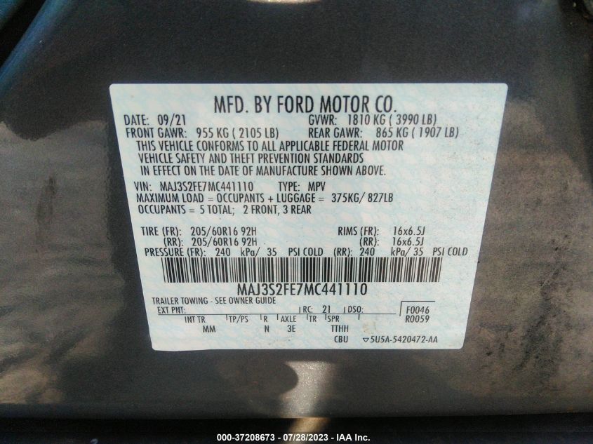 2021 FORD ECOSPORT S - MAJ3S2FE7MC441110