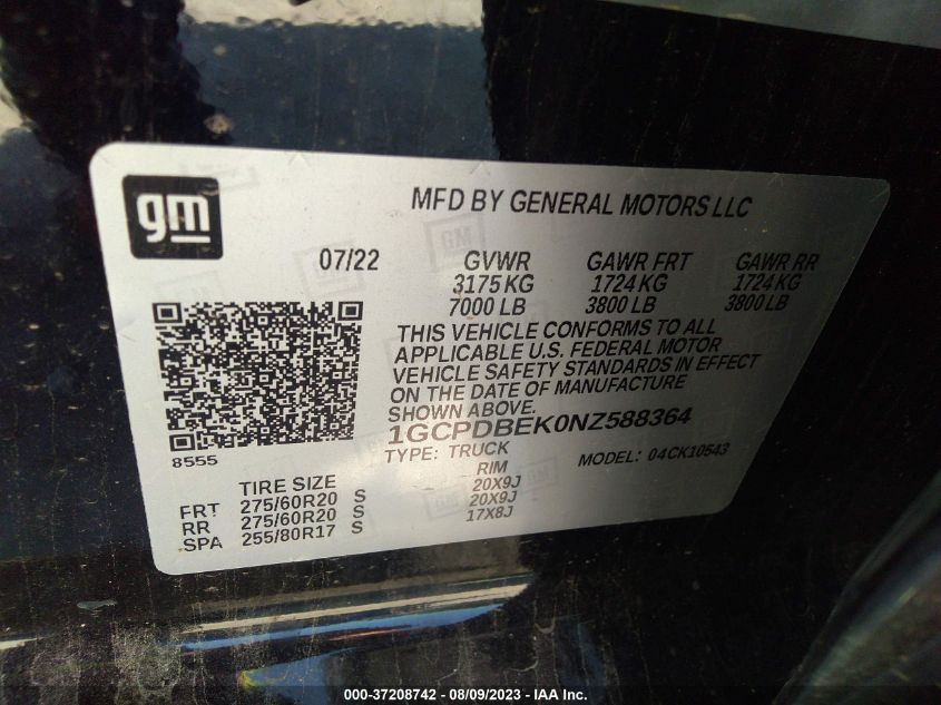 2022 CHEVROLET SILVERADO 1500 CUSTOM - 1GCPDBEK0NZ588364