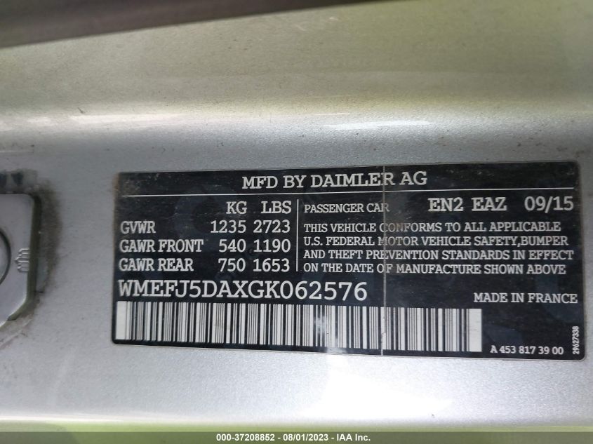 2016 SMART FORTWO PASSION/PURE/PRIME/PROXY WMEFJ5DAXGK062576