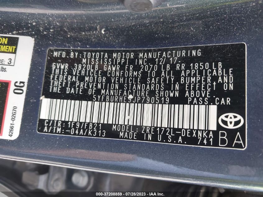 2018 TOYOTA COROLLA L/LE/XLE/SE/XSE - 5YFBURHE9JP790519