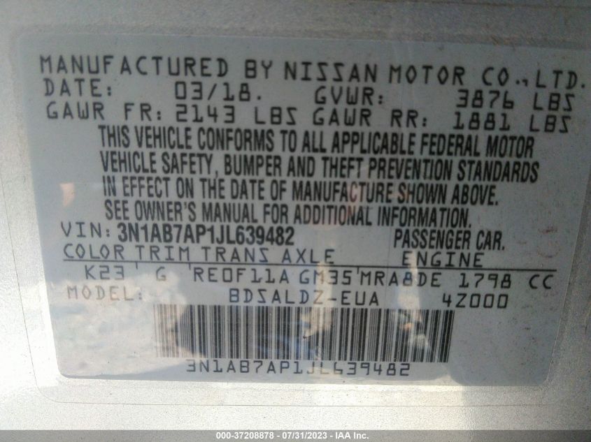 2018 NISSAN SENTRA SV - 3N1AB7AP1JL639482