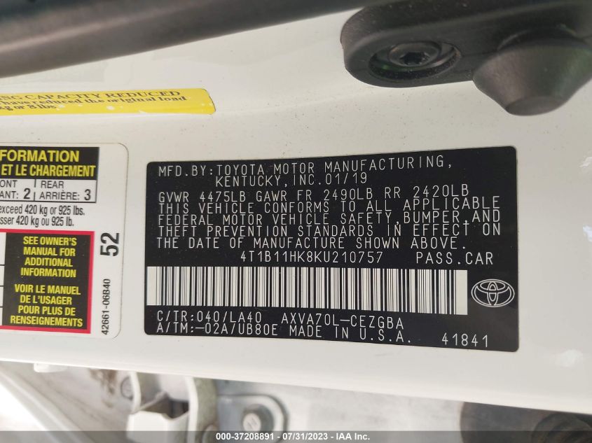 2019 TOYOTA CAMRY LE/SE/XLE/L - 4T1B11HK8KU210757