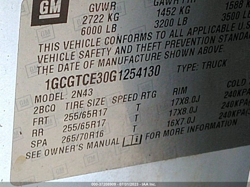 2016 CHEVROLET COLORADO 4WD LT - 1GCGTCE30G1254130