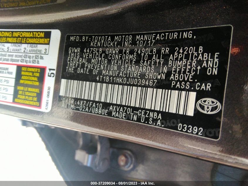 2018 TOYOTA CAMRY LE/SE/XLE/L - 4T1B11HK0JU039467