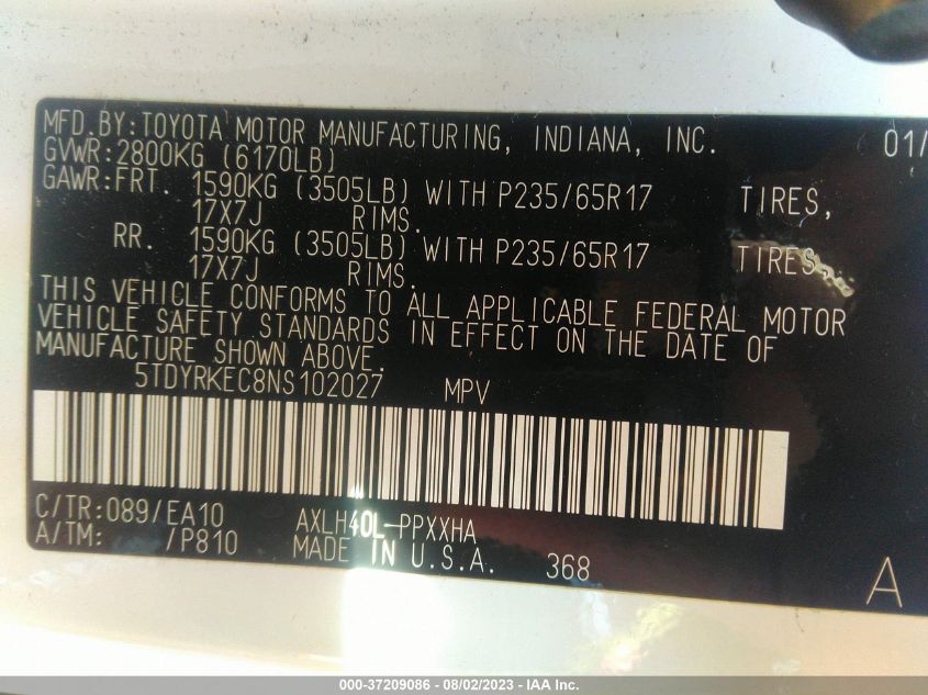 2022 TOYOTA SIENNA XLE - 5TDYRKEC8NS102027