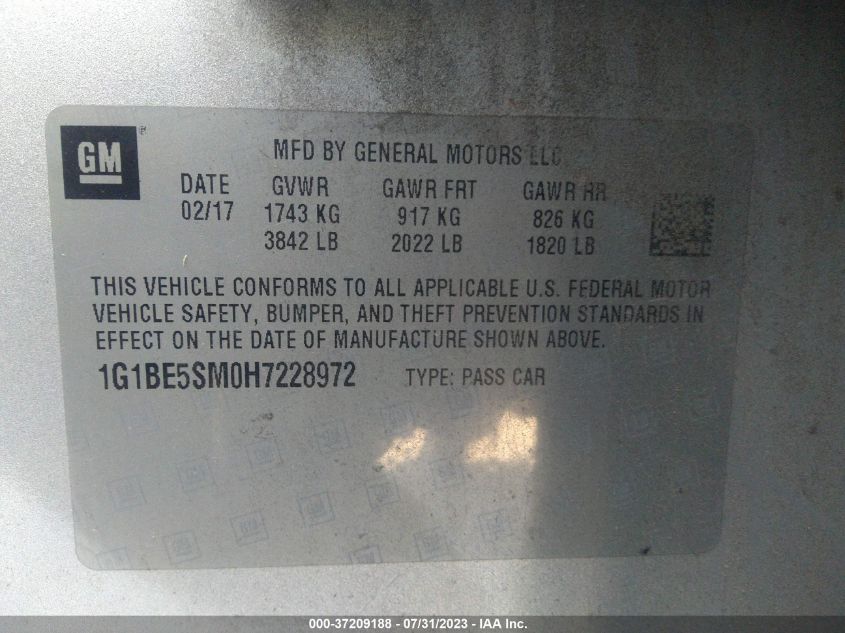 2017 CHEVROLET CRUZE LT - 1G1BE5SM0H7228972